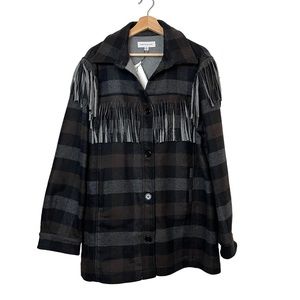 NWT Something Navy Charcoal Combo Plaid Fringe Shacket Size XL Women
